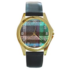 Blue Plaid Flannel Round Gold Metal Watch by snowwhitegirl