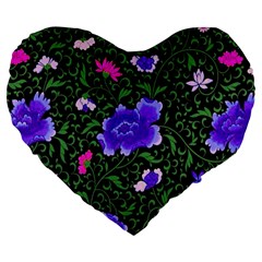 Blue  Japan Floral Large 19  Premium Flano Heart Shape Cushions by snowwhitegirl