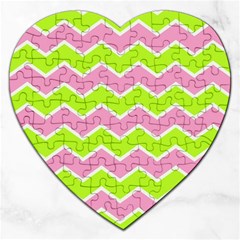 Zigzag Chevron Pattern Green Pink Jigsaw Puzzle (heart) by snowwhitegirl