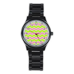 Zigzag Chevron Pattern Green Pink Stainless Steel Round Watch by snowwhitegirl