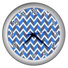 Zigzag Chevron Pattern Blue Grey Wall Clock (silver) by snowwhitegirl