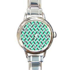 Zigzag Chevron Pattern Green Grey Round Italian Charm Watch by snowwhitegirl