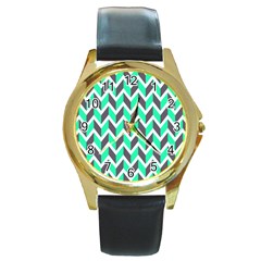 Zigzag Chevron Pattern Green Grey Round Gold Metal Watch by snowwhitegirl