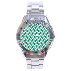 Zigzag Chevron Pattern Green Grey Stainless Steel Analogue Watch by snowwhitegirl