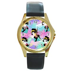 Japanese Abstract Round Gold Metal Watch by snowwhitegirl