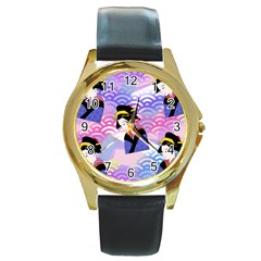 Japanese Abstract Blue Round Gold Metal Watch by snowwhitegirl