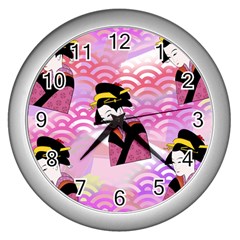 Japanese Abstract Pink Wall Clock (silver) by snowwhitegirl