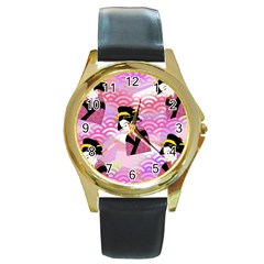 Japanese Abstract Pink Round Gold Metal Watch by snowwhitegirl