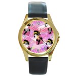 Japanese Abstract Pink Round Gold Metal Watch Front