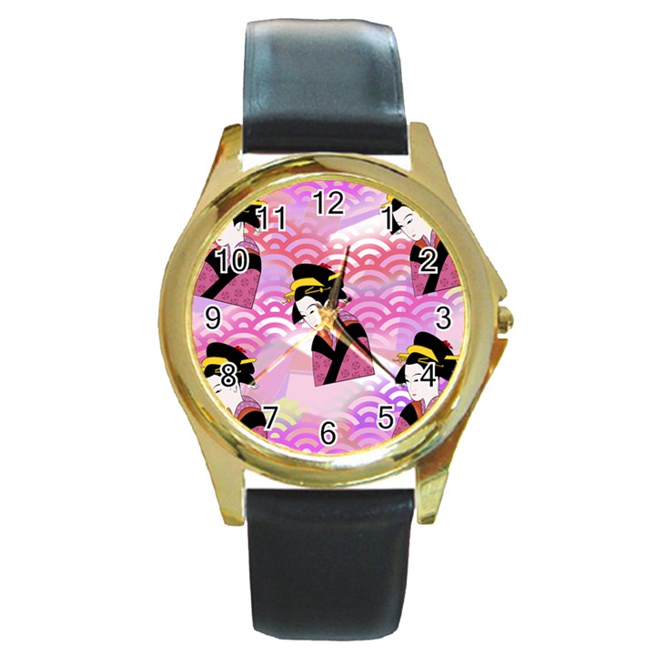 Japanese Abstract Pink Round Gold Metal Watch