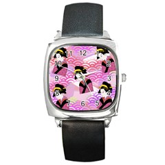 Japanese Abstract Pink Square Metal Watch by snowwhitegirl