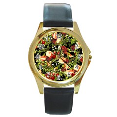 Fruit Blossom Black Round Gold Metal Watch by snowwhitegirl