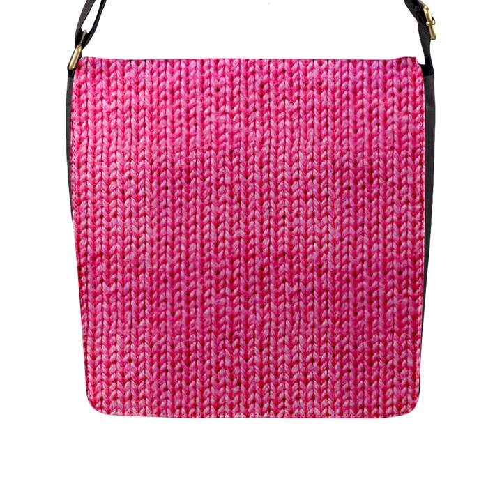 Knitted Wool Bright Pink Flap Closure Messenger Bag (L)