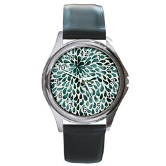 Teal Abstract Swirl Drops Round Metal Watch