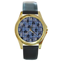 Blue  Plaid Anarchy Round Gold Metal Watch by snowwhitegirl