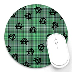 Green  Plaid Anarchy Round Mousepads by snowwhitegirl