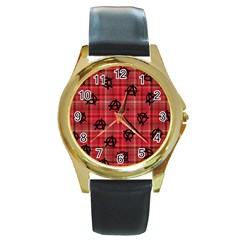 Red Plaid Anarchy Round Gold Metal Watch by snowwhitegirl