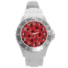 Red Plaid Anarchy Round Plastic Sport Watch (l)