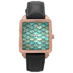 Aqua Mermaid Scale Rose Gold Leather Watch  by snowwhitegirl