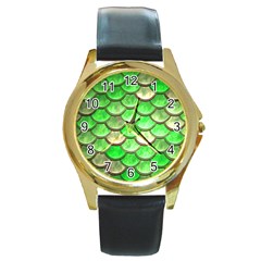 Green Mermaid Scale Round Gold Metal Watch