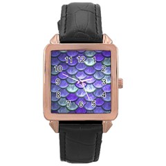 Blue Purple Mermaid Scale Rose Gold Leather Watch  by snowwhitegirl