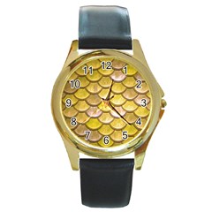 Yellow  Mermaid Scale Round Gold Metal Watch by snowwhitegirl