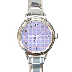 Pink Blue Plaid Round Italian Charm Watch by snowwhitegirl