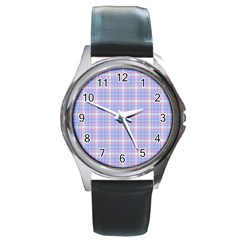 Pink Blue Plaid Round Metal Watch by snowwhitegirl