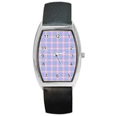 Pink Blue Plaid Barrel Style Metal Watch