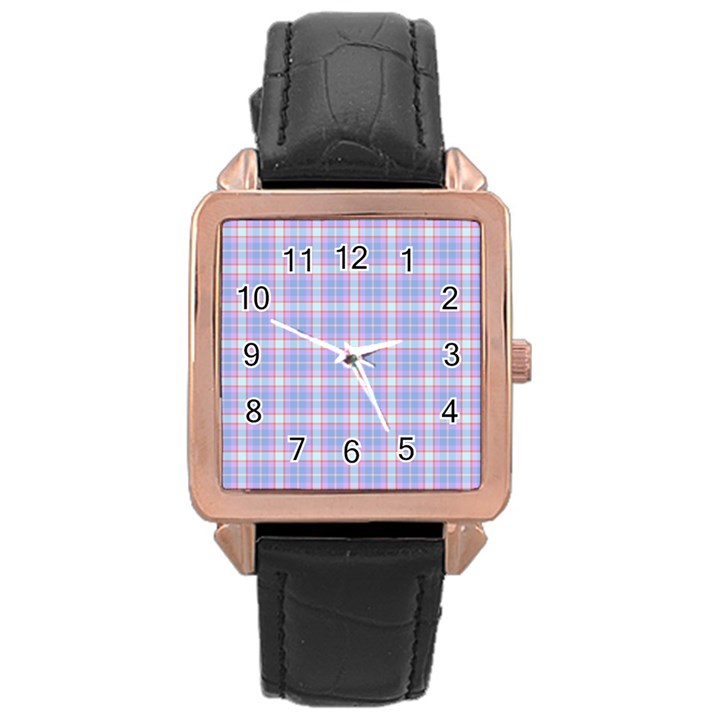 Pink Blue Plaid Rose Gold Leather Watch 