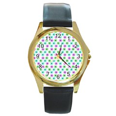 Eye Dots Green Violet Round Gold Metal Watch by snowwhitegirl