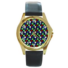 Eye Dots Green Blue Red Round Gold Metal Watch by snowwhitegirl