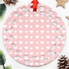 Hearts Dots Pink Round Filigree Ornament (two Sides)