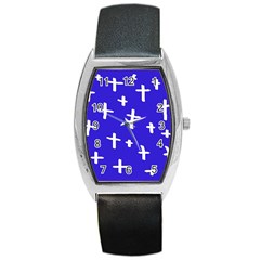 Blue White Cross Barrel Style Metal Watch