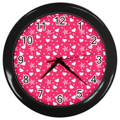 Hearts And Star Dot Pink Wall Clock (black) by snowwhitegirl