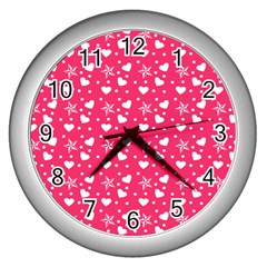 Hearts And Star Dot Pink Wall Clock (silver) by snowwhitegirl