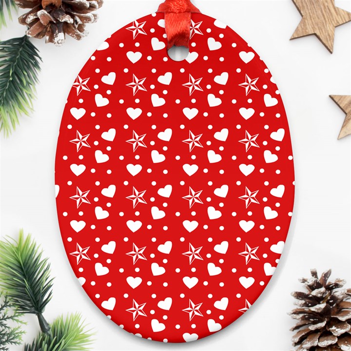 Hearts And Star Dot Red Oval Ornament (Two Sides)