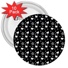 Hearts And Star Dot Black 3  Buttons (10 Pack)  by snowwhitegirl