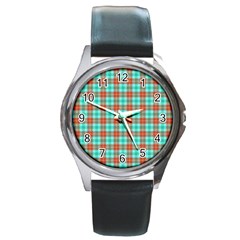 Aqua Orange Plaid Round Metal Watch by snowwhitegirl