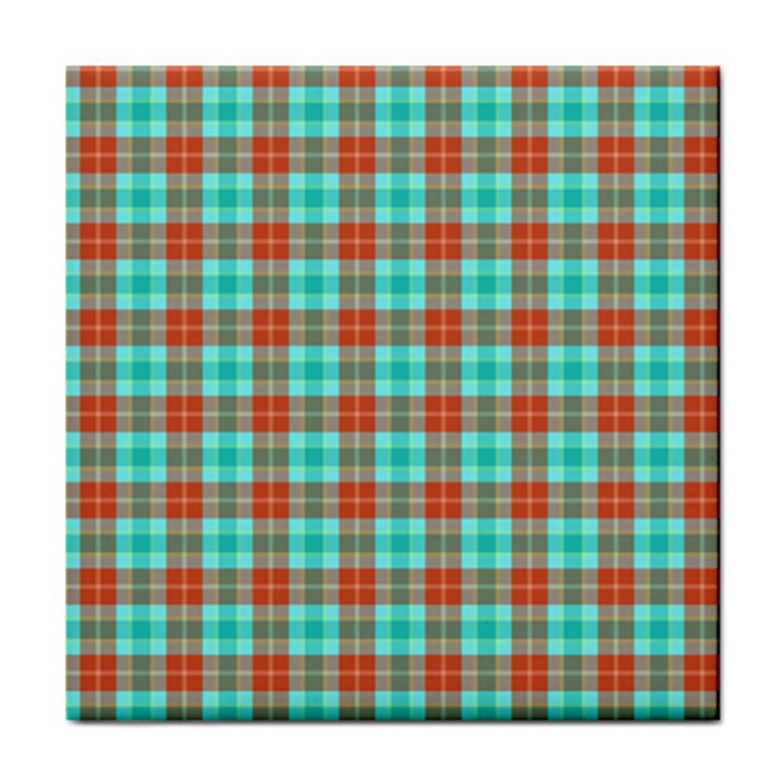 Aqua Orange Plaid Tile Coasters