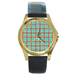 Aqua Orange Plaid Round Gold Metal Watch by snowwhitegirl