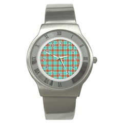 Aqua Orange Plaid Stainless Steel Watch by snowwhitegirl