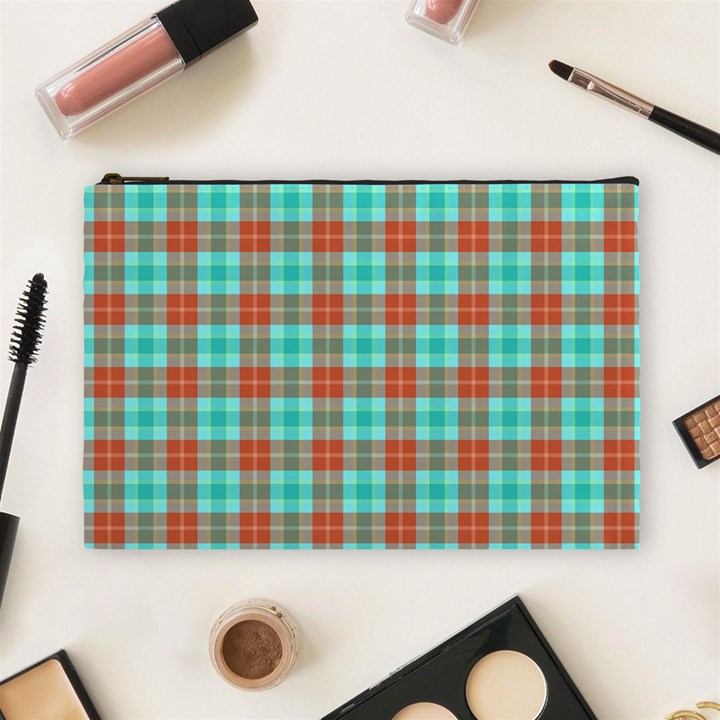 Aqua Orange Plaid Cosmetic Bag (Large)