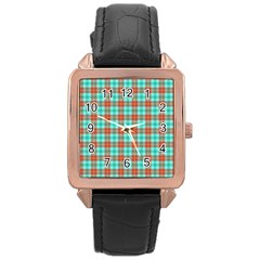 Aqua Orange Plaid Rose Gold Leather Watch  by snowwhitegirl