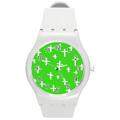 Green White Cross Round Plastic Sport Watch (m) by snowwhitegirl