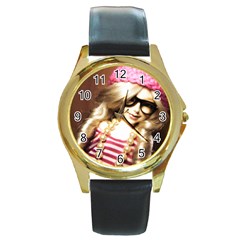 Cover Girl Round Gold Metal Watch by snowwhitegirl