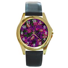 Purple  Rose Vampire Round Gold Metal Watch by snowwhitegirl