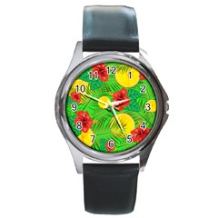 Orange Tropics Green Round Metal Watch by snowwhitegirl