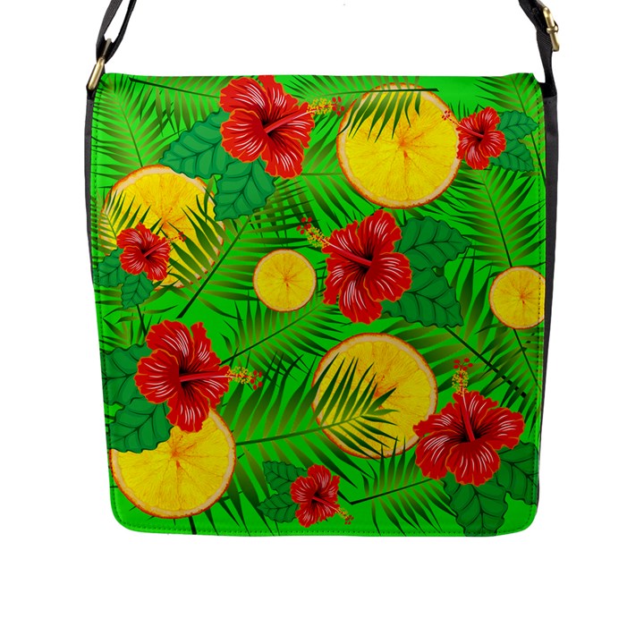 Orange Tropics Green Flap Closure Messenger Bag (L)