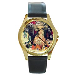 Happy Holidays Round Gold Metal Watch